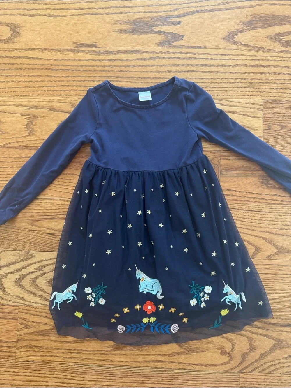 Hanna Andersson Navy Long-Sleeve Tulle Dress with Unicorn Embroidery and Stars